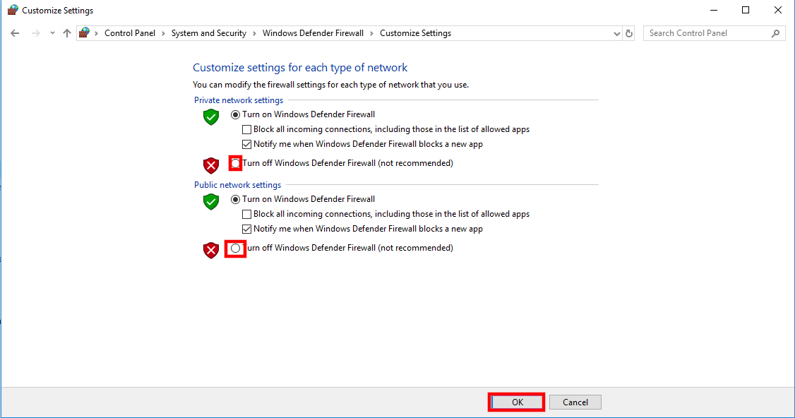 Turn Windows Defender Firewall On or Off