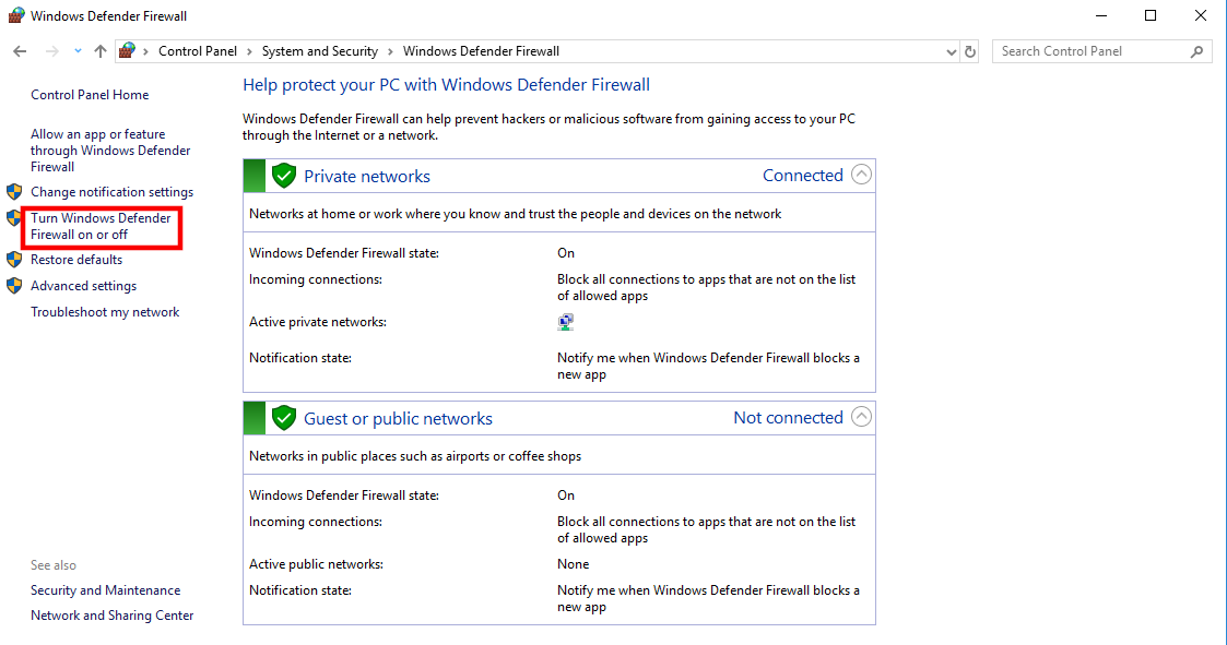 Turn Windows Defender Firewall On or Off